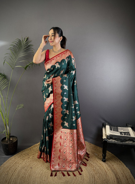 Image of Bottle Green Banarasi Silk Zari Meena Weaved Rich Pallu Saree