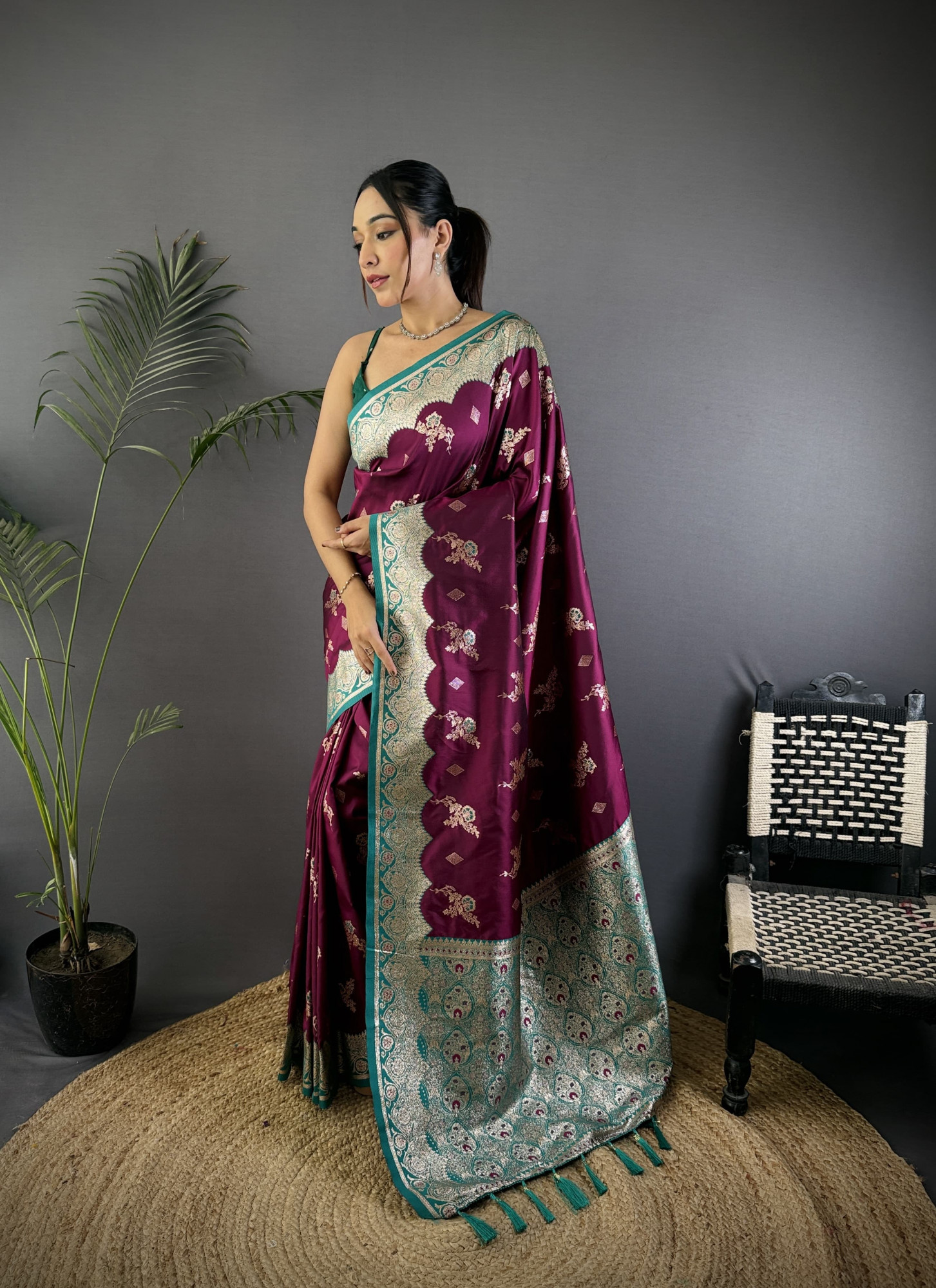 Wine Banarasi Silk Zari Meena Weaved Rich Pallu Saree