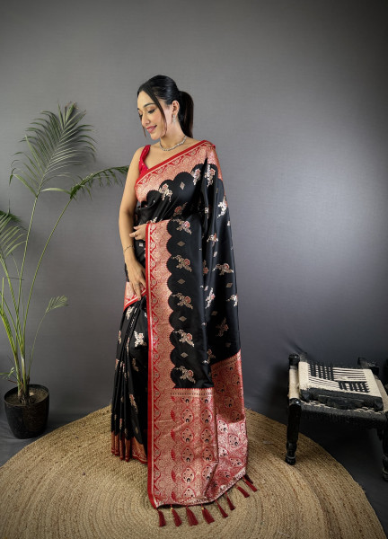 Image of Black Banarasi Silk Zari Meena Weaved Rich Pallu Saree