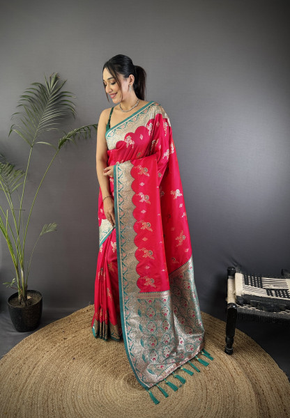 Image of Red Banarasi Silk Zari Meena Weaved Rich Pallu Saree