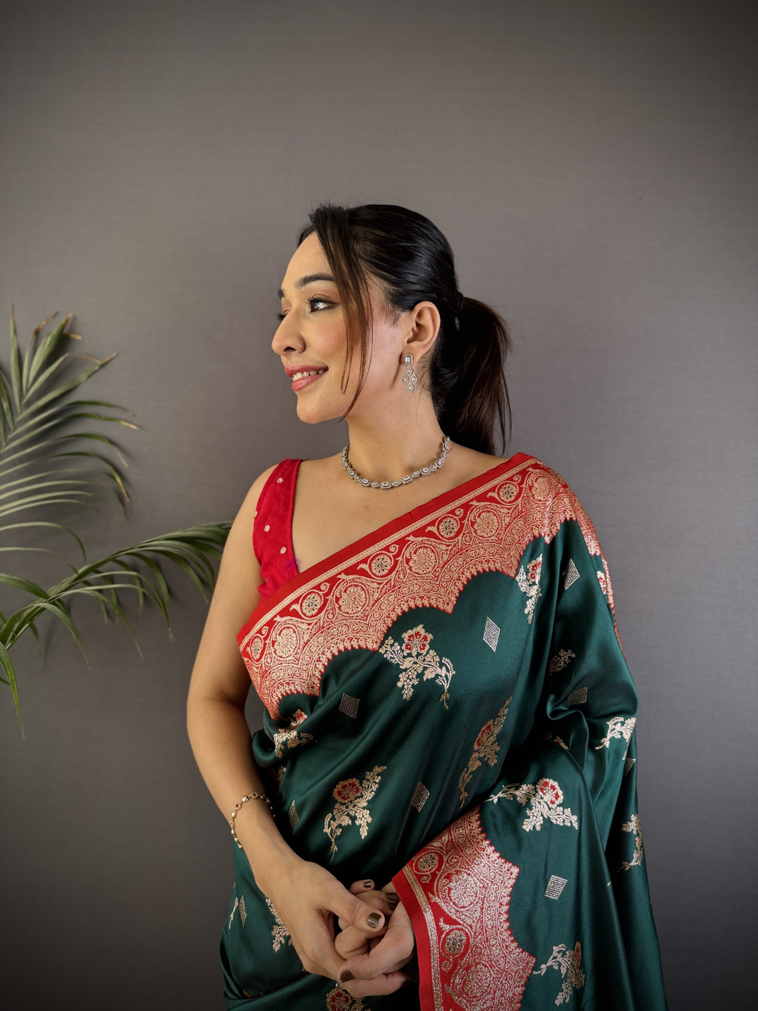 Bottle Green Banarasi Silk Zari Meena Weaved Rich Pallu Saree