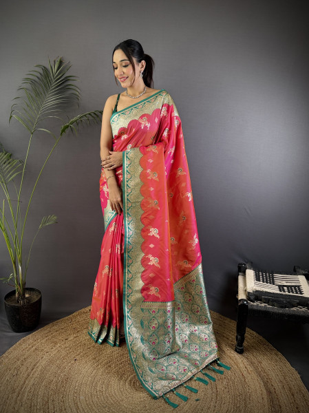 Image of Coral Pink Banarasi Silk Zari Meena Weaved Rich Pallu Saree