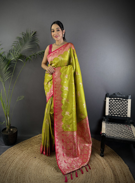 Image of Mehendi Banarasi Silk Zari Meena Weaved Rich Pallu Saree
