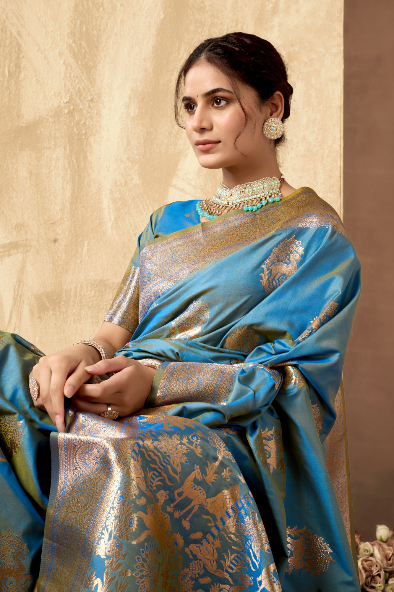 Turquoise Teal Dual Shade Banarasi Silk Rich Zari Weaved Saree