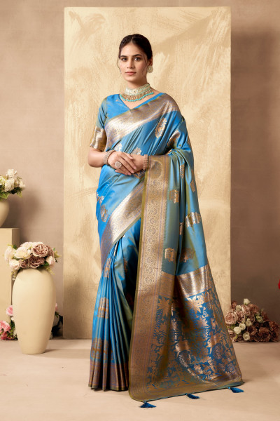 Image of Turquoise Teal Dual Shade Banarasi Silk Rich Zari Weaved Saree