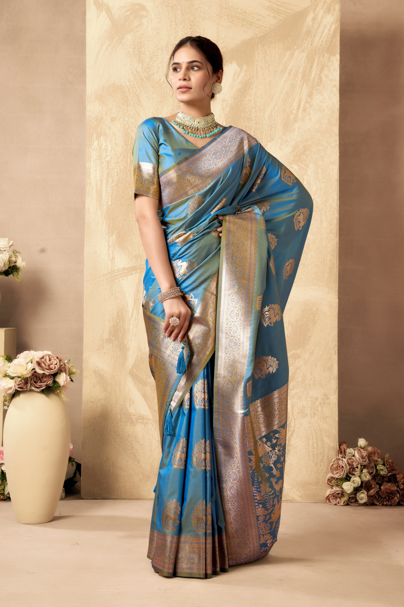 Turquoise Teal Dual Shade Banarasi Silk Rich Zari Weaved Saree