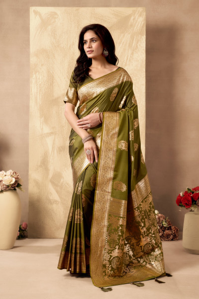 Image of Mehendi Green Dual Shade Banarasi Silk Rich Zari Weaved Saree