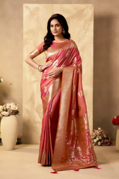Image of Pink Rust Dual Shade Banarasi Silk Rich Zari Weaved Saree