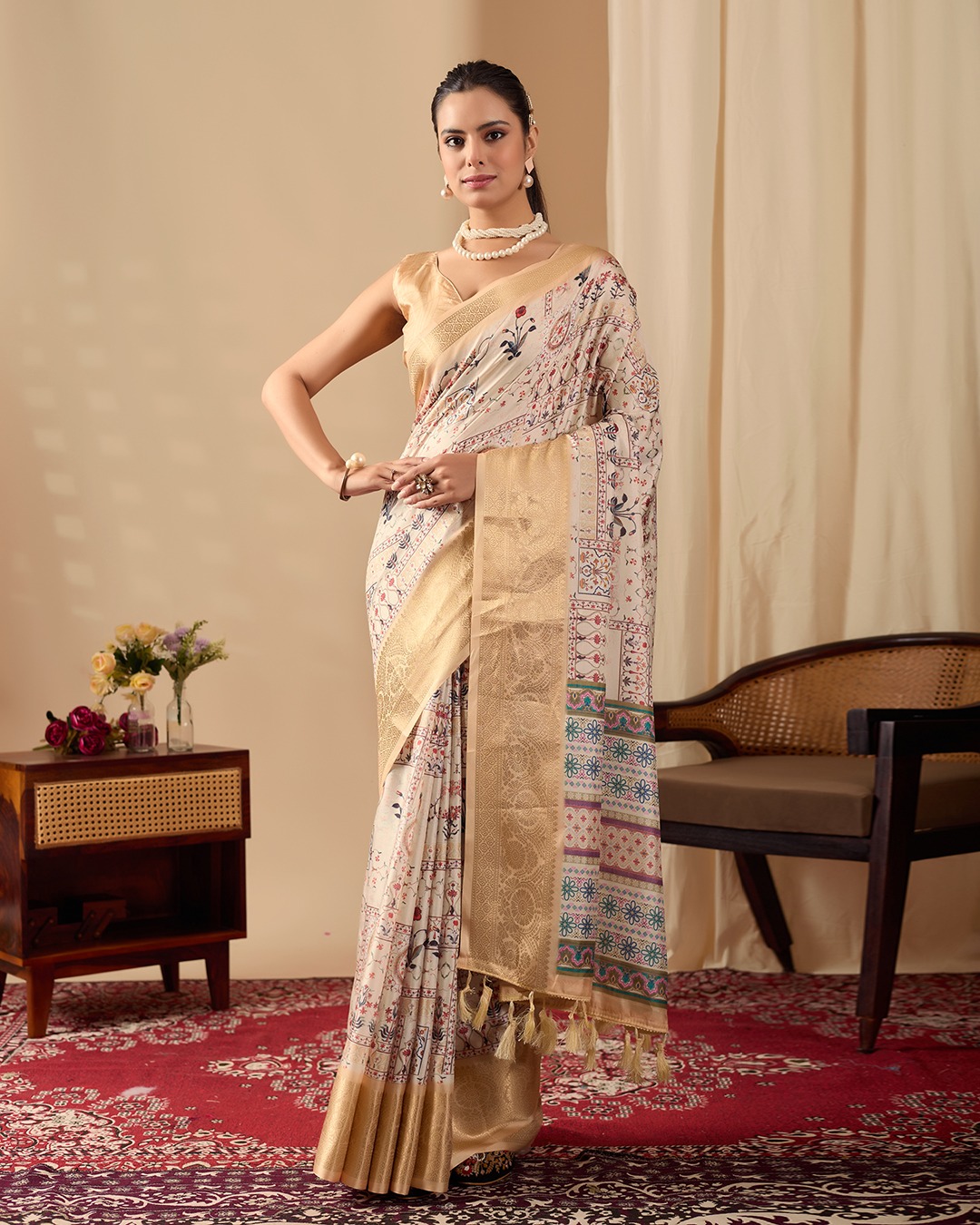 Beige Banarasi Silk Ethnic Digital Printed Gold Zari Border Saree