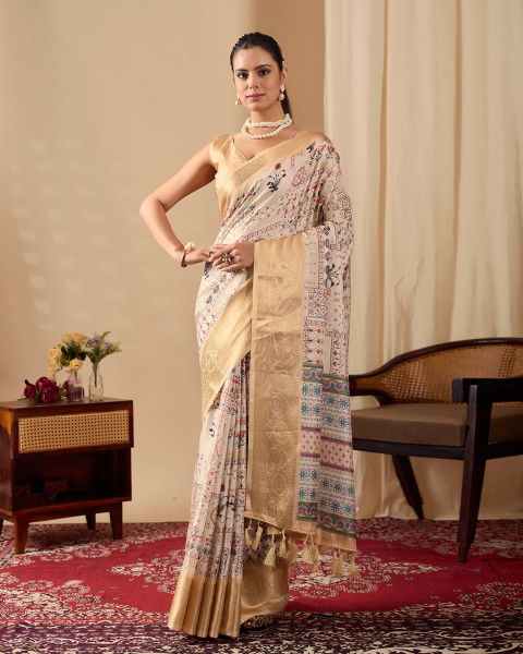 Image of Beige Banarasi Silk Ethnic Digital Printed Gold Zari Border Saree
