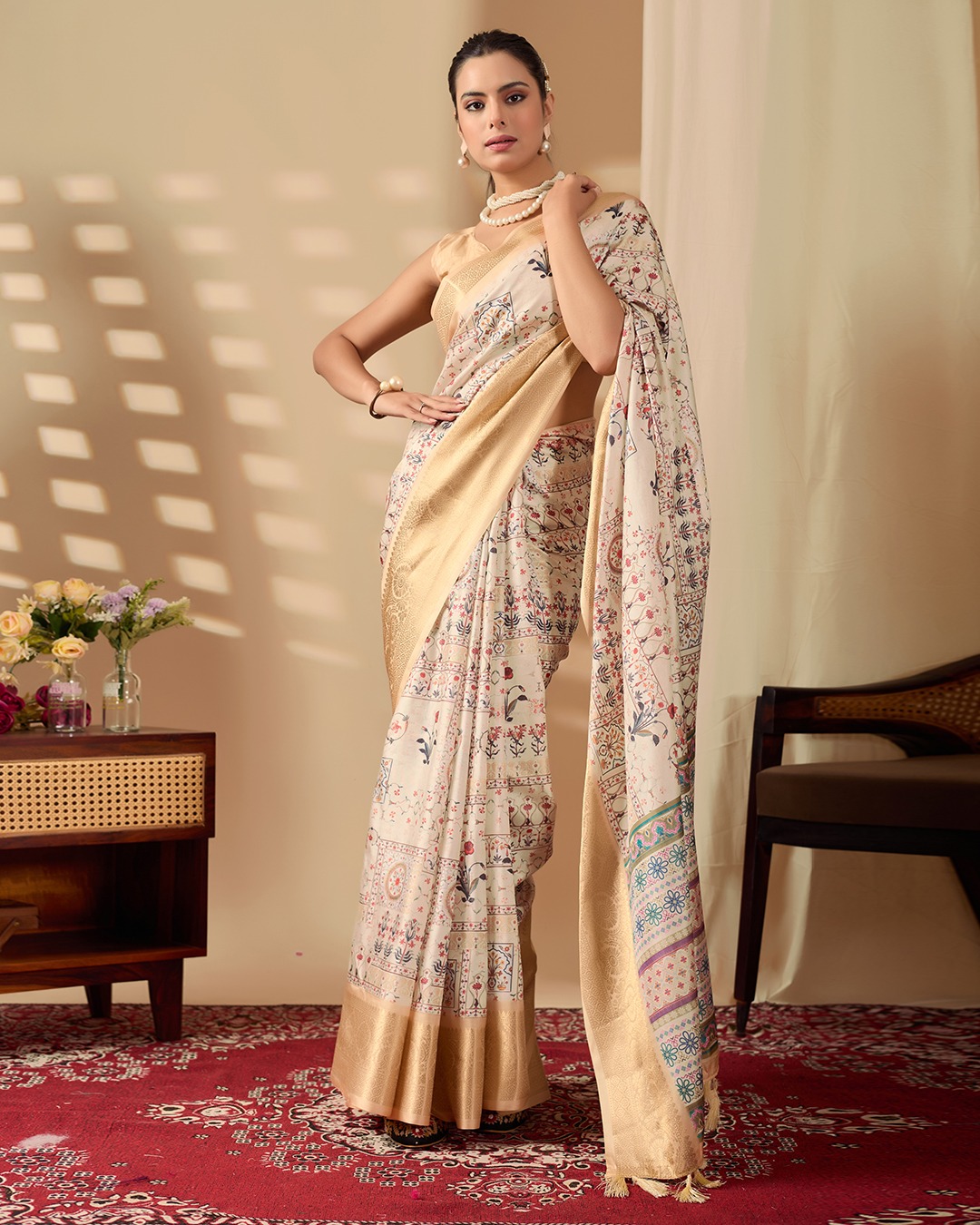Beige Banarasi Silk Ethnic Digital Printed Gold Zari Border Saree