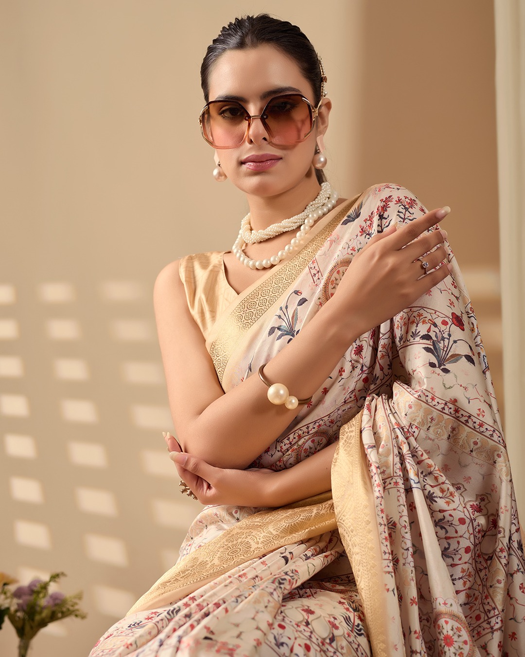 Beige Banarasi Silk Ethnic Digital Printed Gold Zari Border Saree