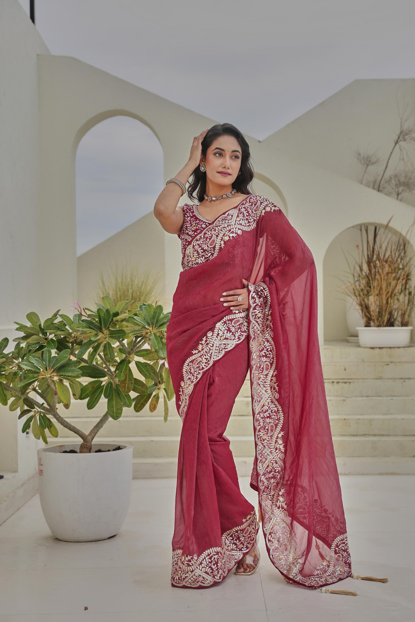 Magenta Silver Crunchi Rich Thread Sequence Embroidery Saree
