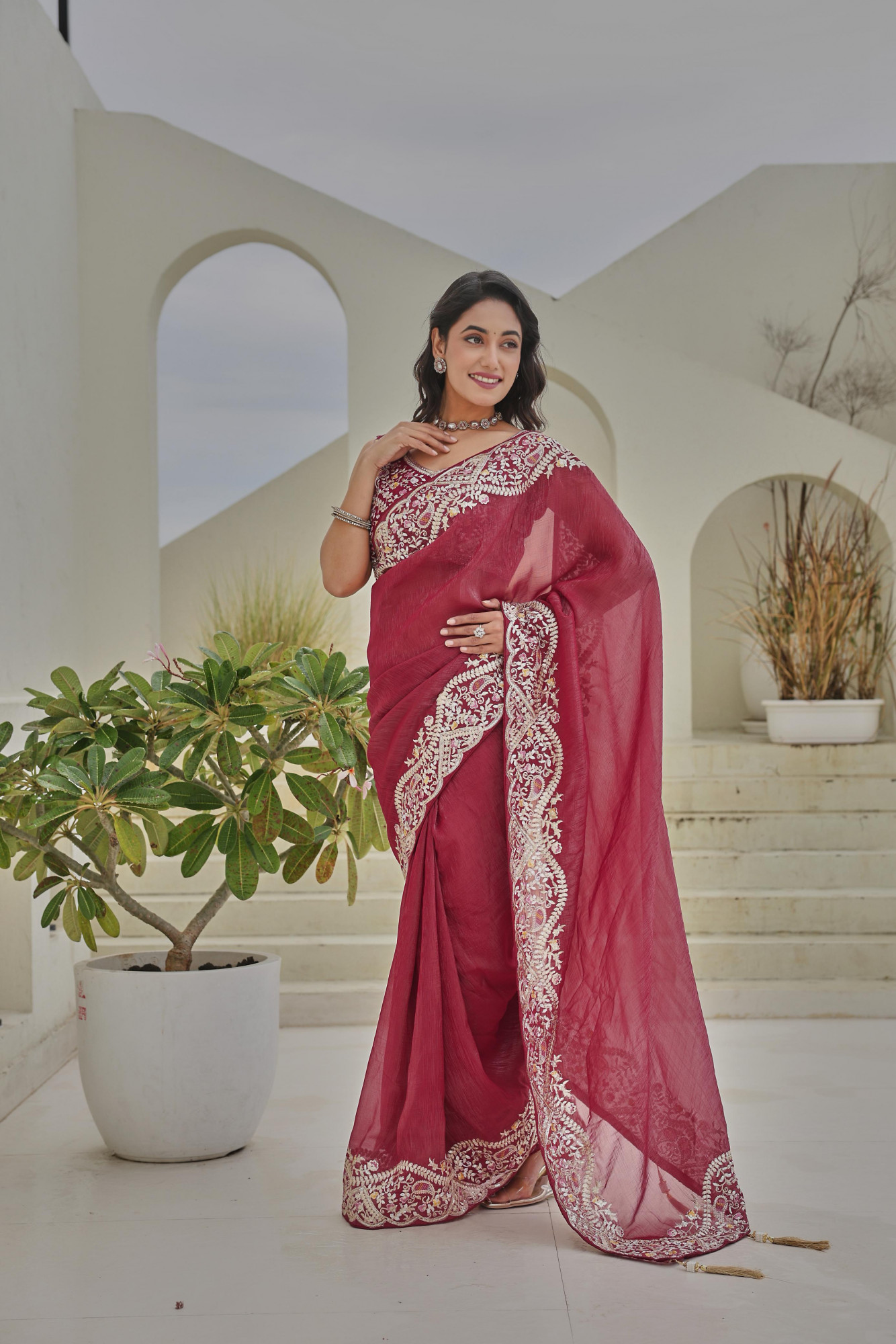 Magenta Silver Crunchi Rich Thread Sequence Embroidery Saree