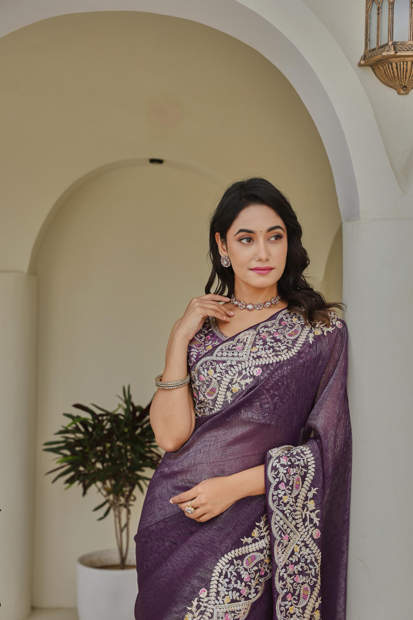 Dark Lavender Silver Crunchi Rich Thread Sequence Embroidery Saree