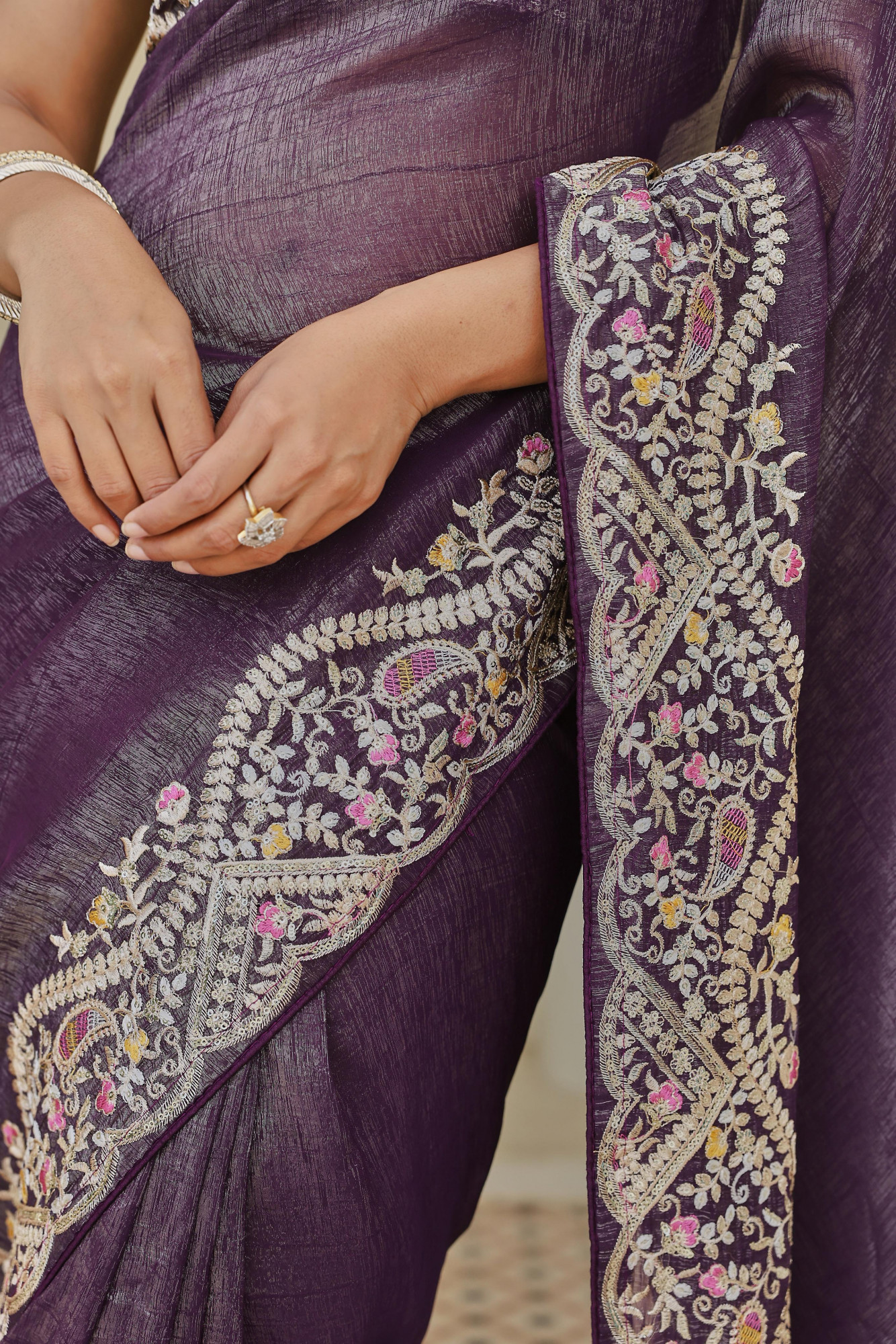 Dark Lavender Silver Crunchi Rich Thread Sequence Embroidery Saree