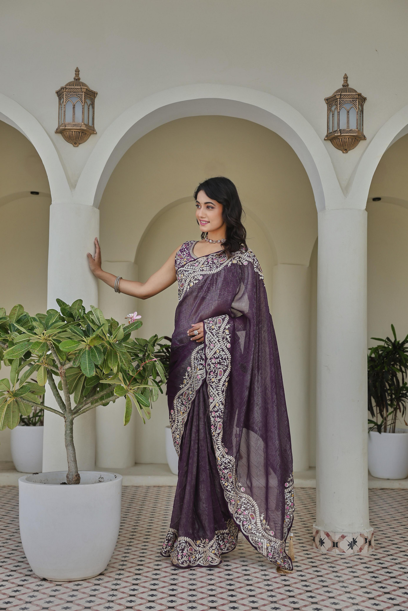 Dark Lavender Silver Crunchi Rich Thread Sequence Embroidery Saree