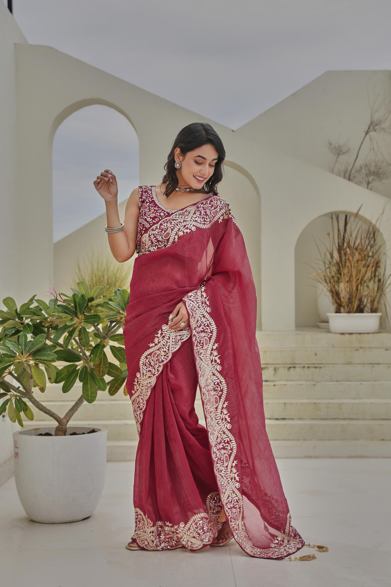 Magenta Silver Crunchi Rich Thread Sequence Embroidery Saree