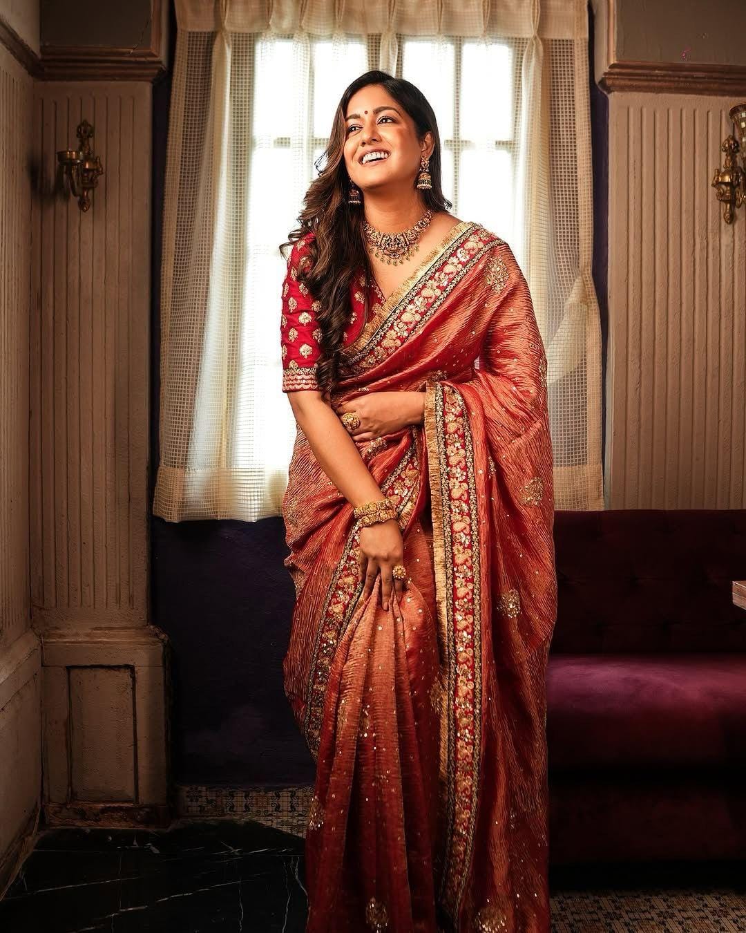 Rust Soft Crush Fabric Sequence Coding Lace Work Border Saree