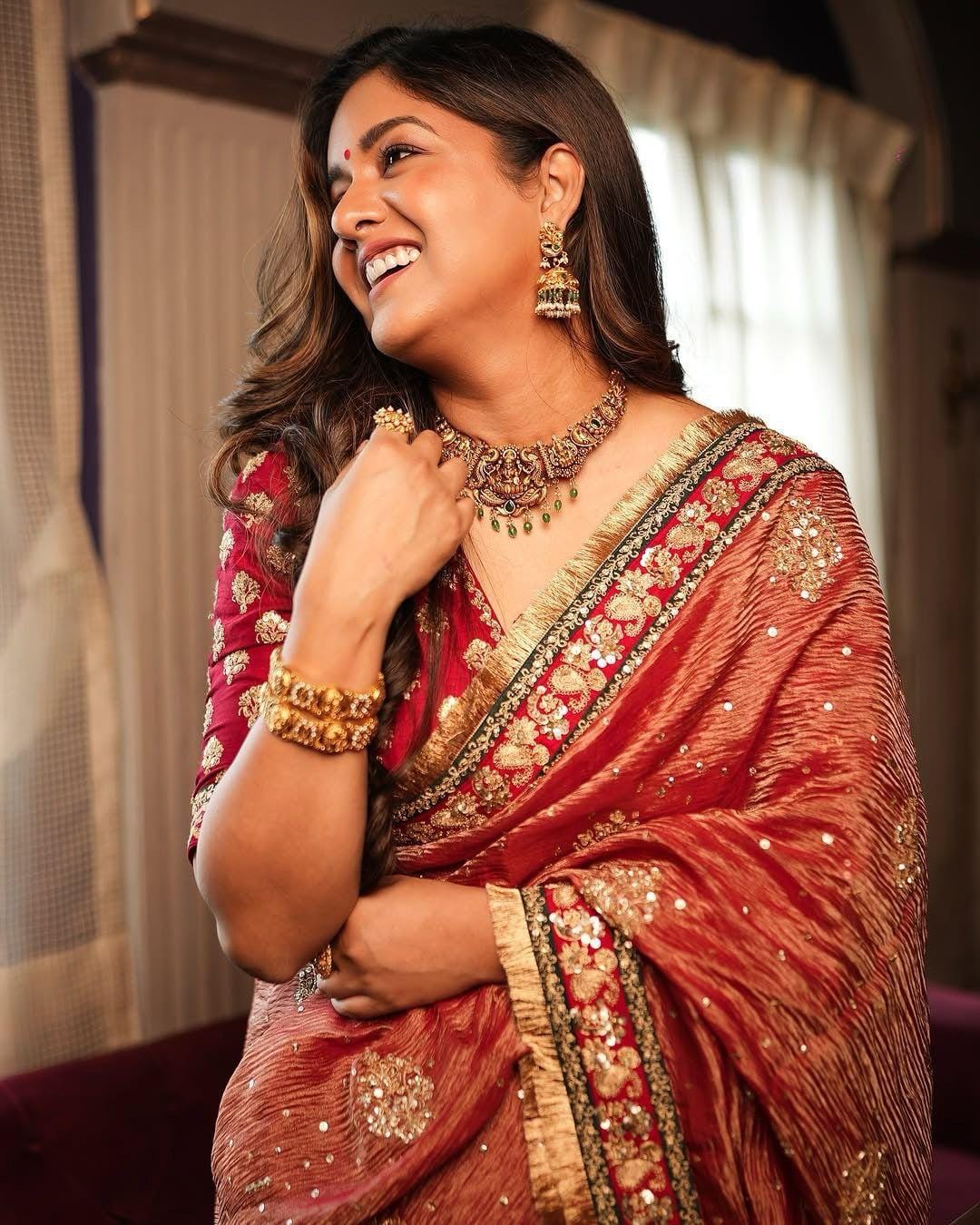 Rust Soft Crush Fabric Sequence Coding Lace Work Border Saree