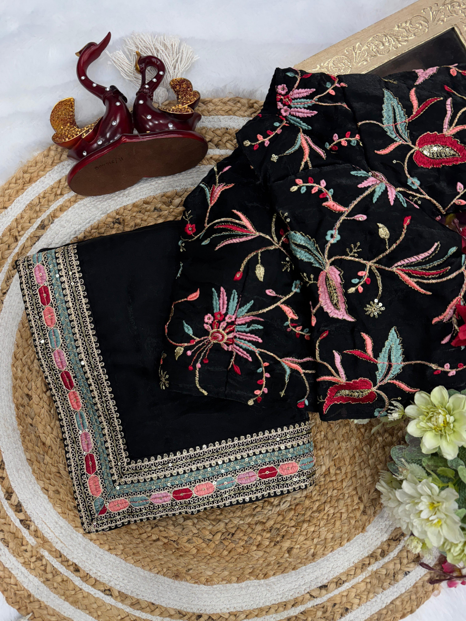 Black Pure Space Silk Thread Sequence Embroidery Lace Border Saree