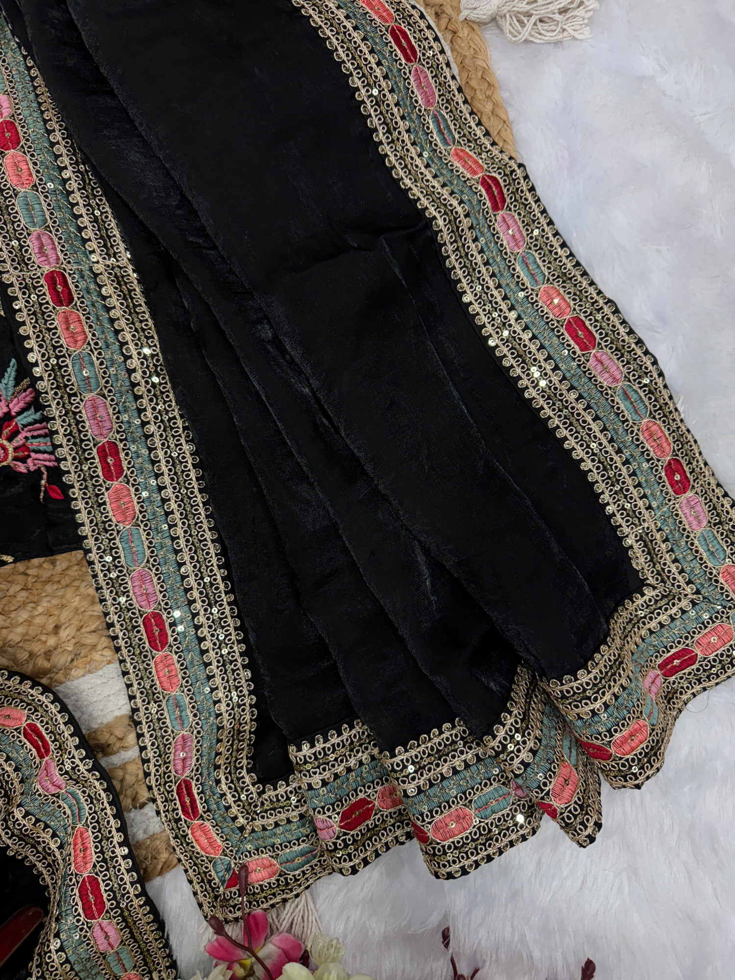 Black Pure Space Silk Thread Sequence Embroidery Lace Border Saree