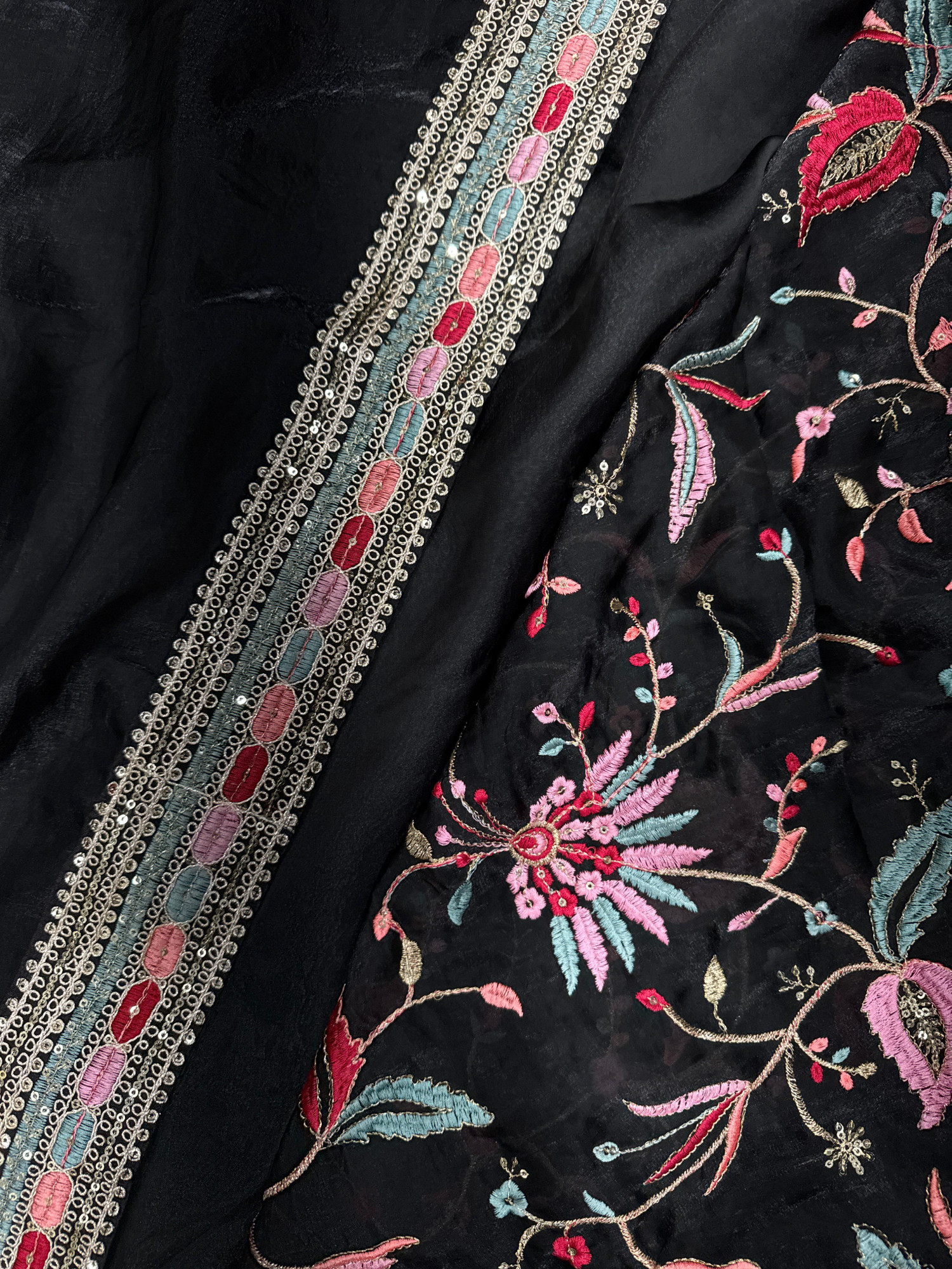 Black Pure Space Silk Thread Sequence Embroidery Lace Border Saree