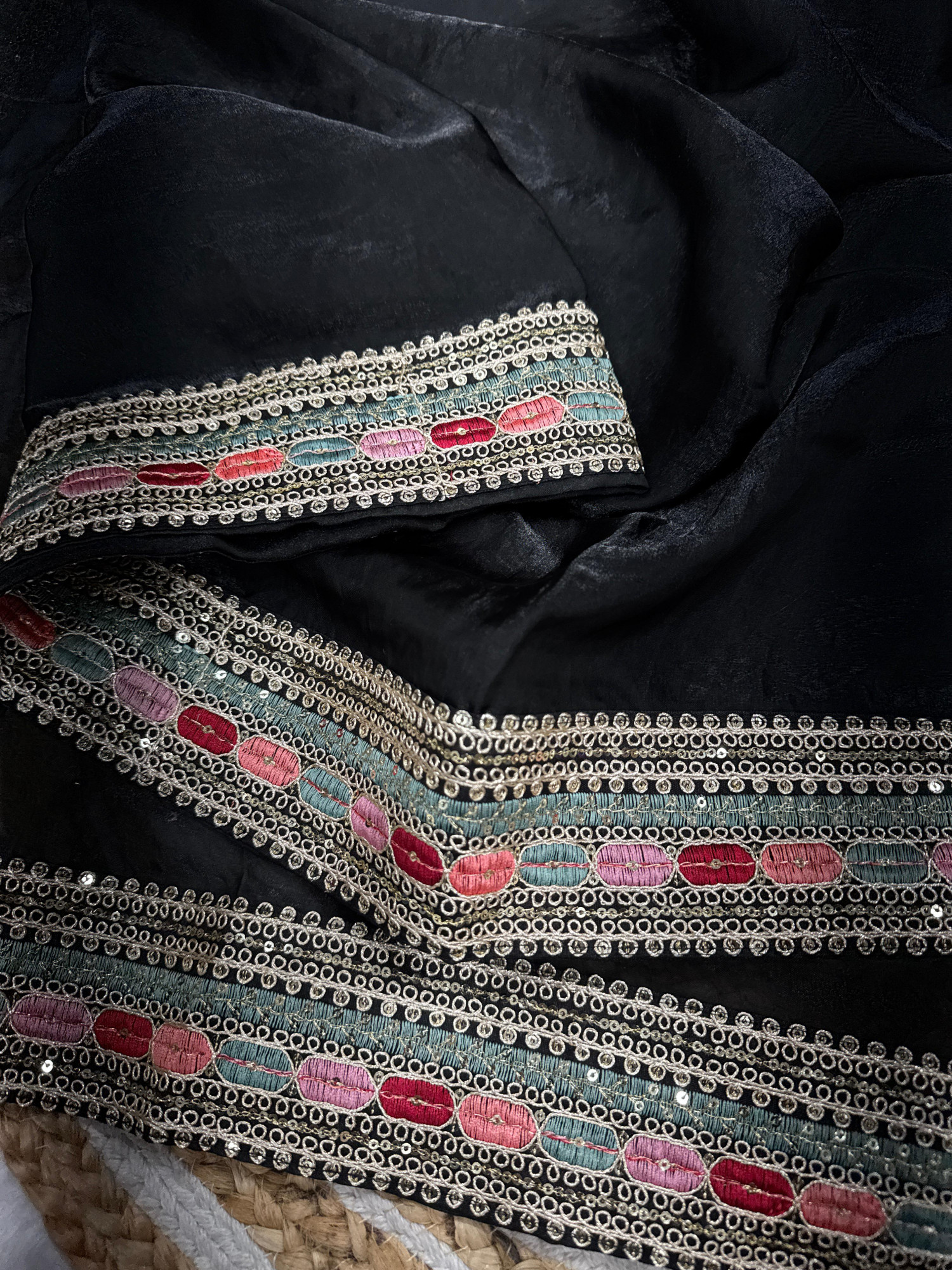 Black Pure Space Silk Thread Sequence Embroidery Lace Border Saree