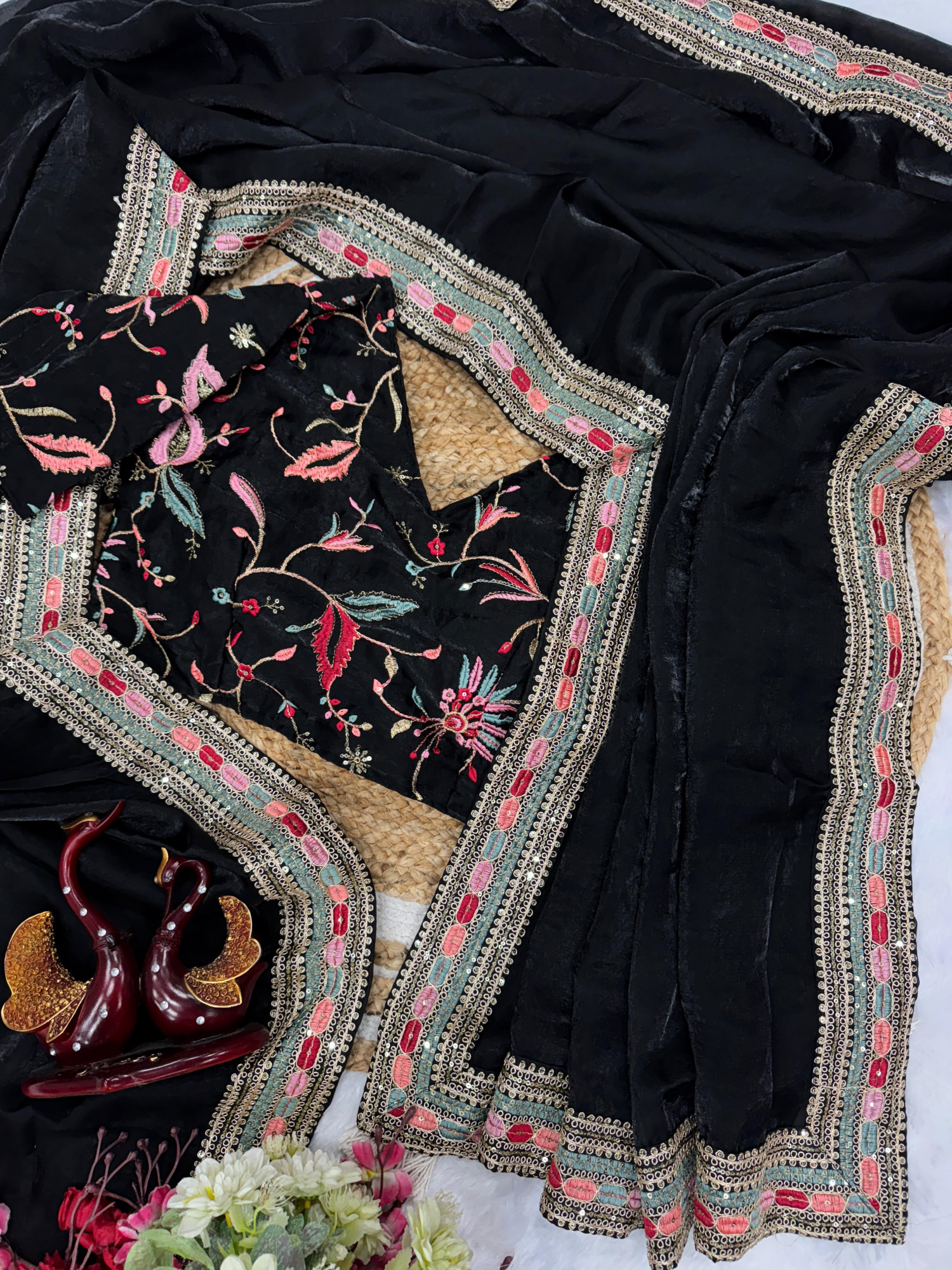 Black Pure Space Silk Thread Sequence Embroidery Lace Border Saree