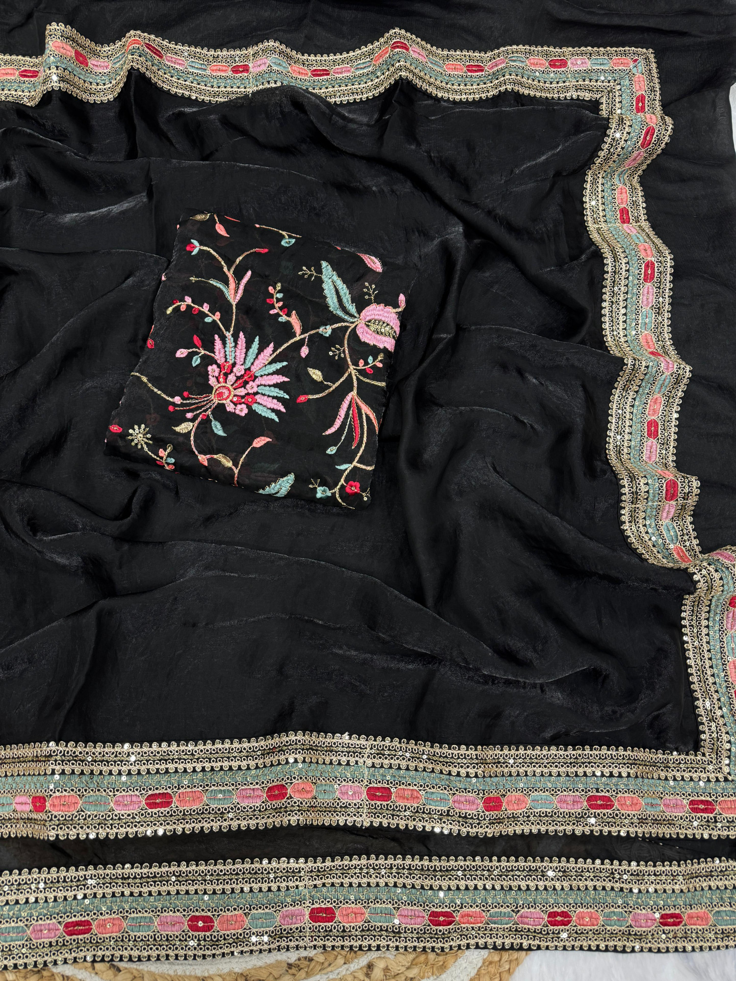 Black Pure Space Silk Thread Sequence Embroidery Lace Border Saree