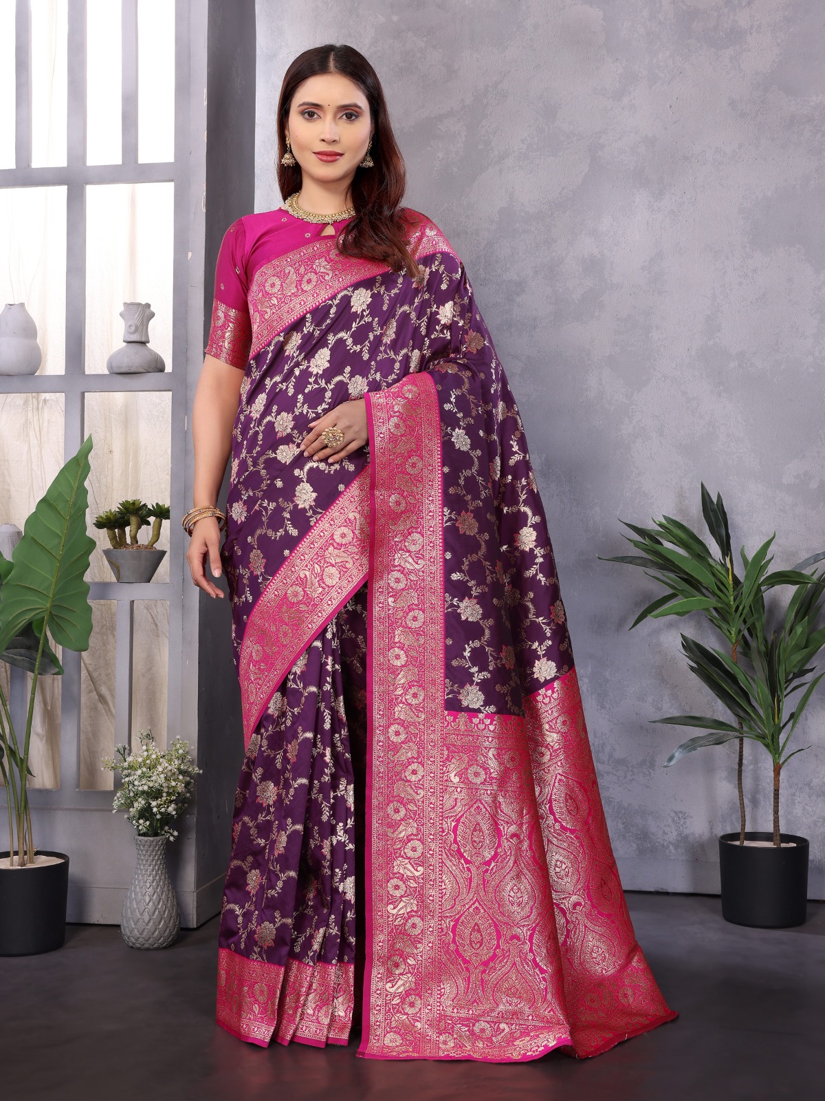 Wine Pure Banarasi Silk Rich Zari Jaal Weaved Saree