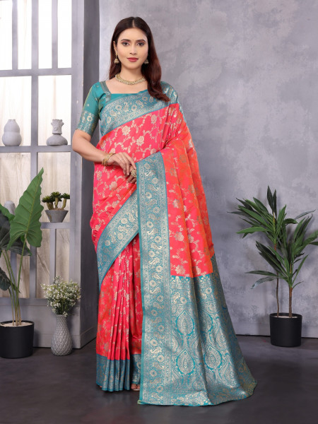 Image of Coral Pink Pure Banarasi Silk Rich Zari Jaal Weaved Saree