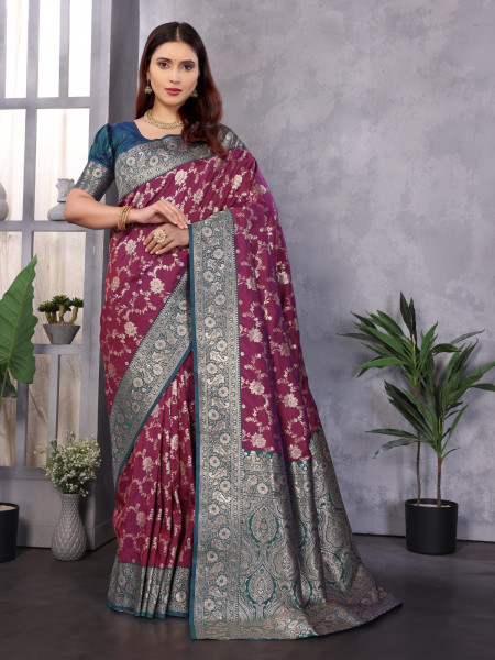 Image of Purple Pure Banarasi Silk Rich Zari Jaal Weaved Saree