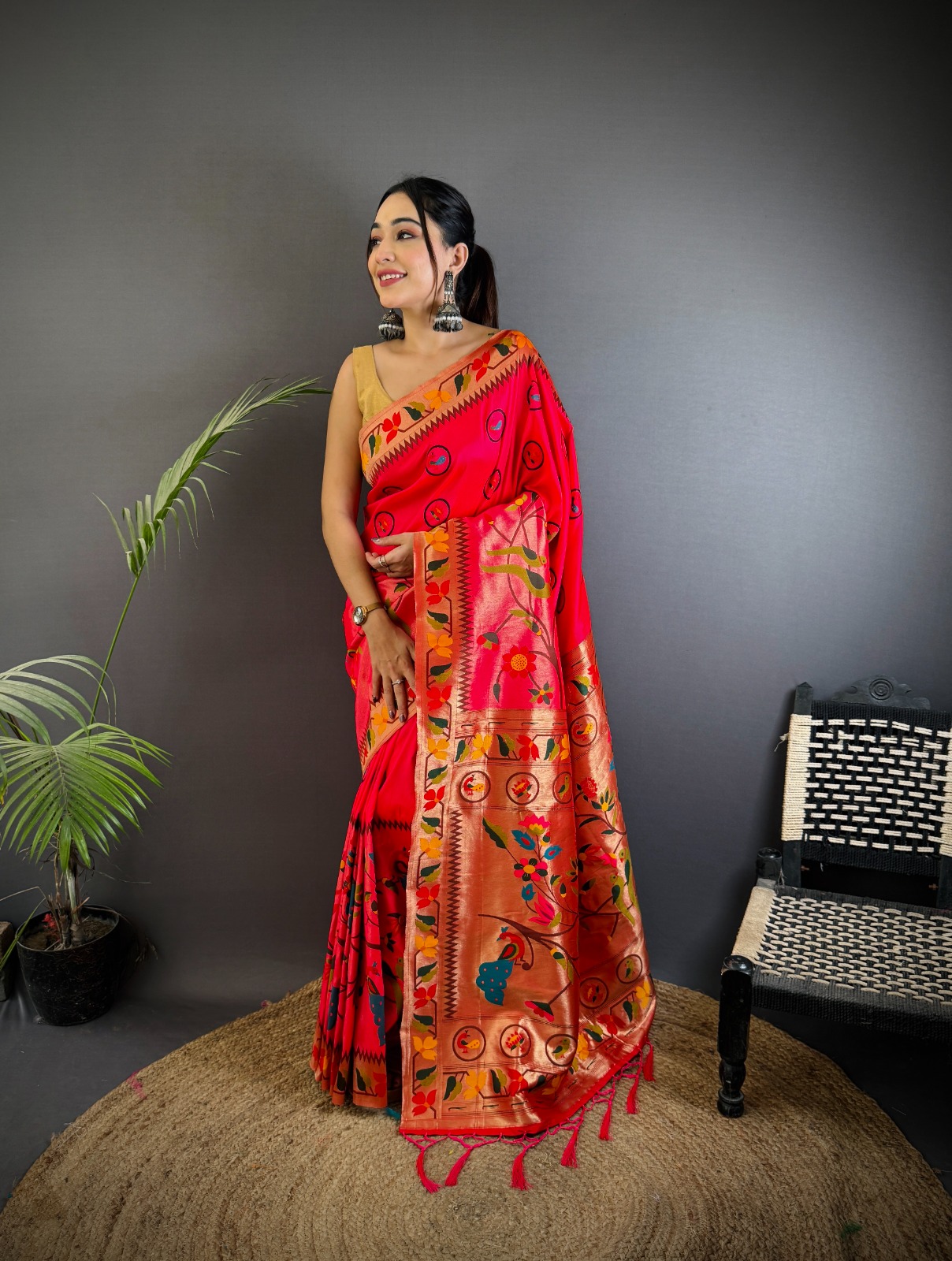 Coral Red Pure Banarasi Paithani Silk Rich Zari Meena Weaved Saree