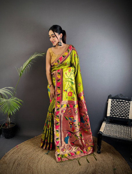 Image of Mehendi Pure Banarasi Paithani Silk Rich Zari Meena Weaved Saree