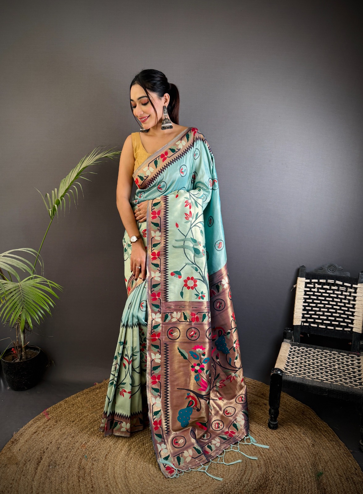 Sky Blue Pure Banarasi Paithani Silk Rich Zari Meena Weaved Saree