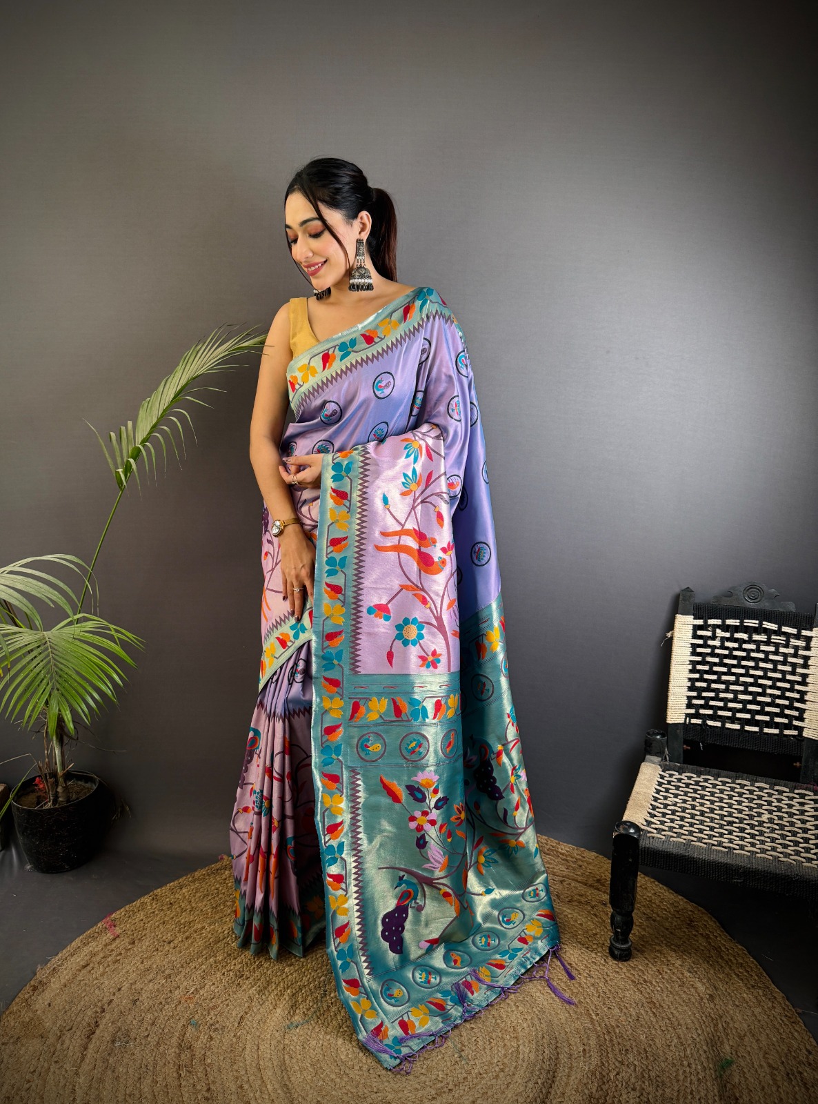 Lavender Pure Banarasi Paithani Silk Rich Zari Meena Weaved Saree