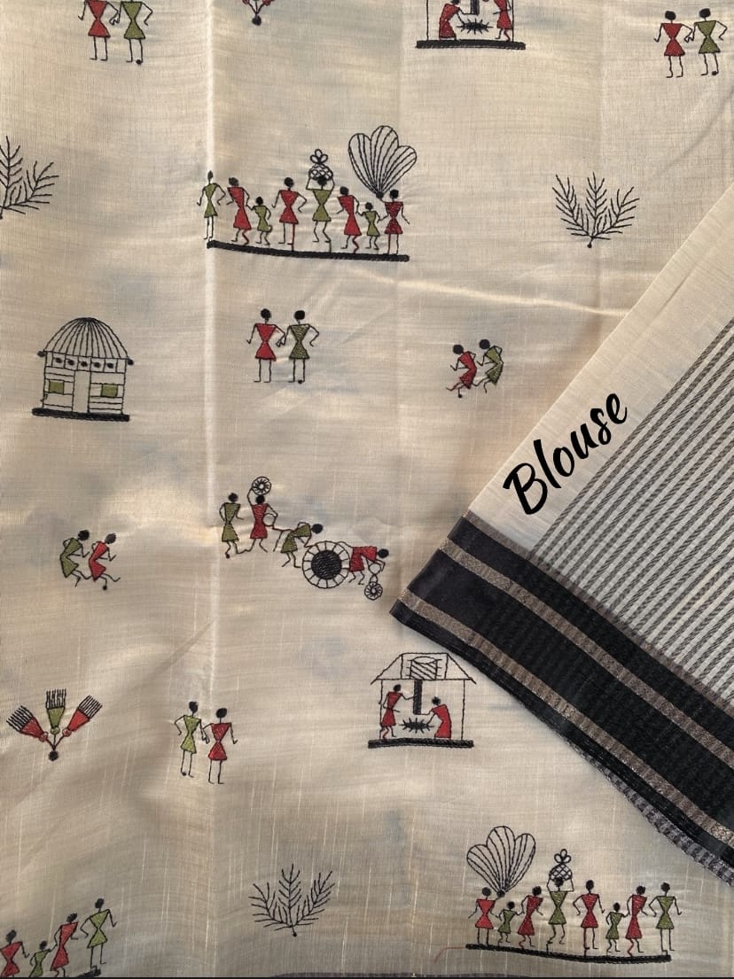 Cream Black Satin Border Pure Tussar Silk Thread Weaved Worli Saree