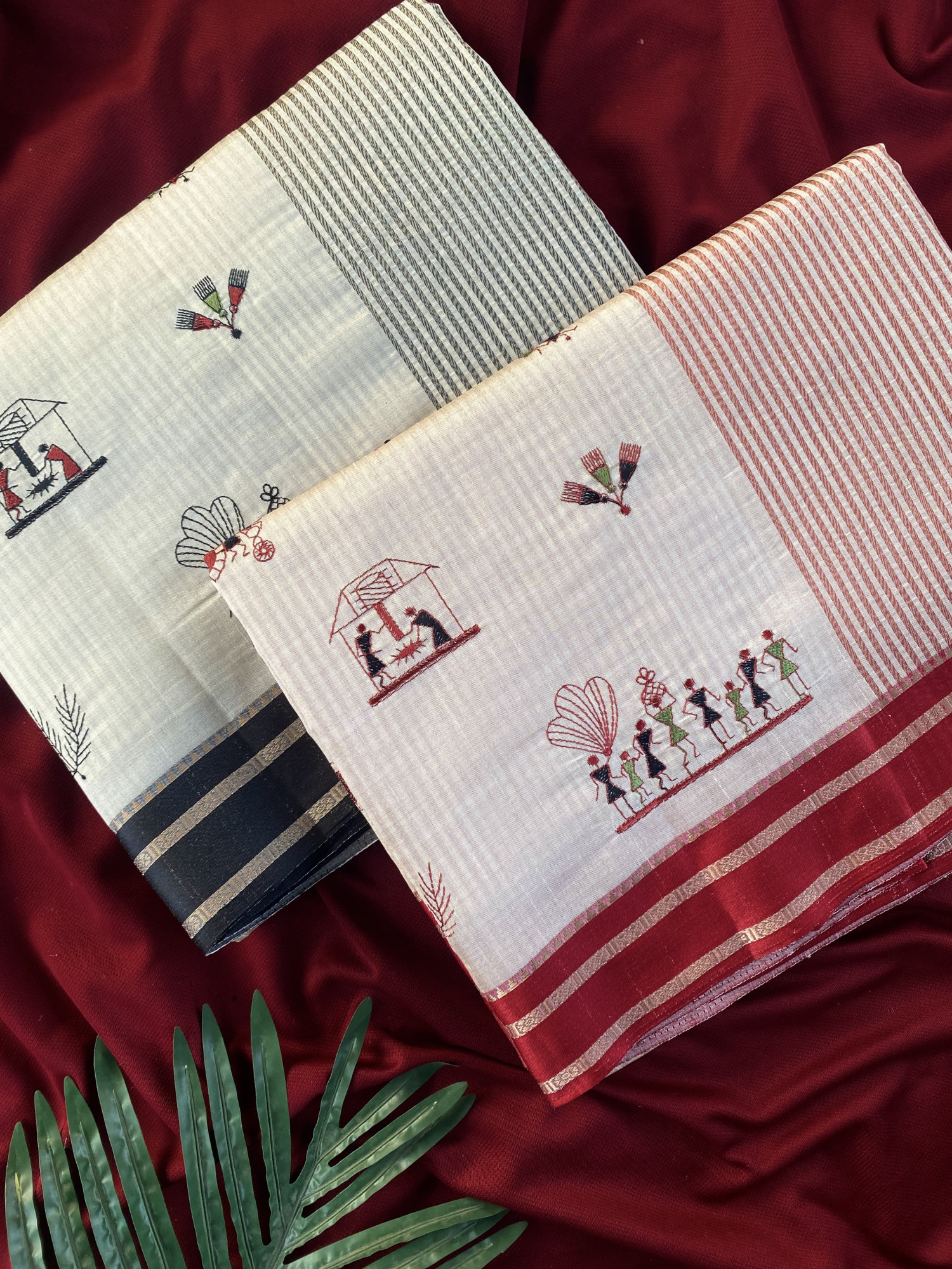 Cream Black Satin Border Pure Tussar Silk Thread Weaved Worli Saree