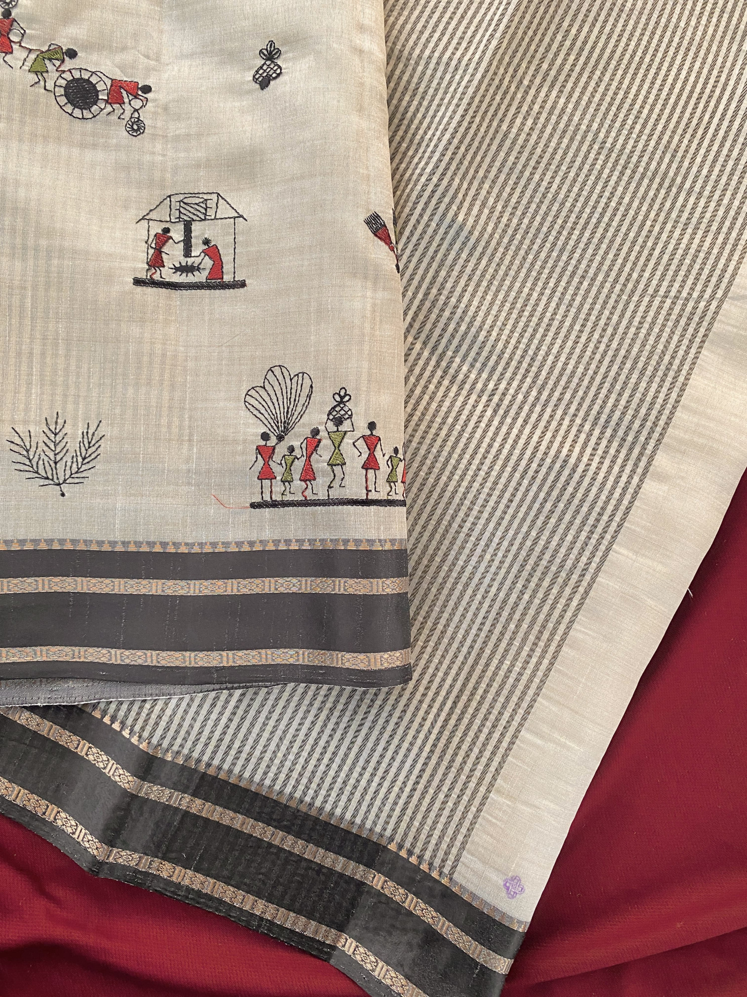 Cream Black Satin Border Pure Tussar Silk Thread Weaved Worli Saree