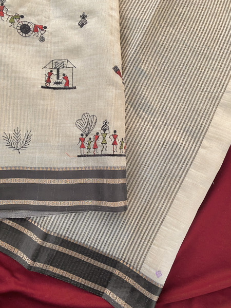 Image of Cream Black Satin Border Pure Tussar Silk Thread Weaved Worli Saree