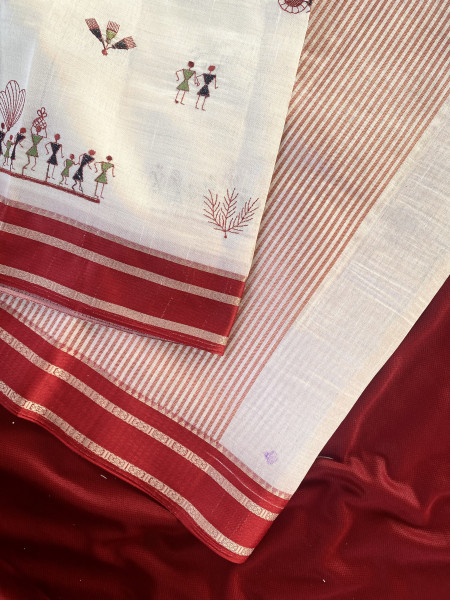 Image of Cream Red Satin Border Pure Tussar Silk Thread Weaved Worli Saree