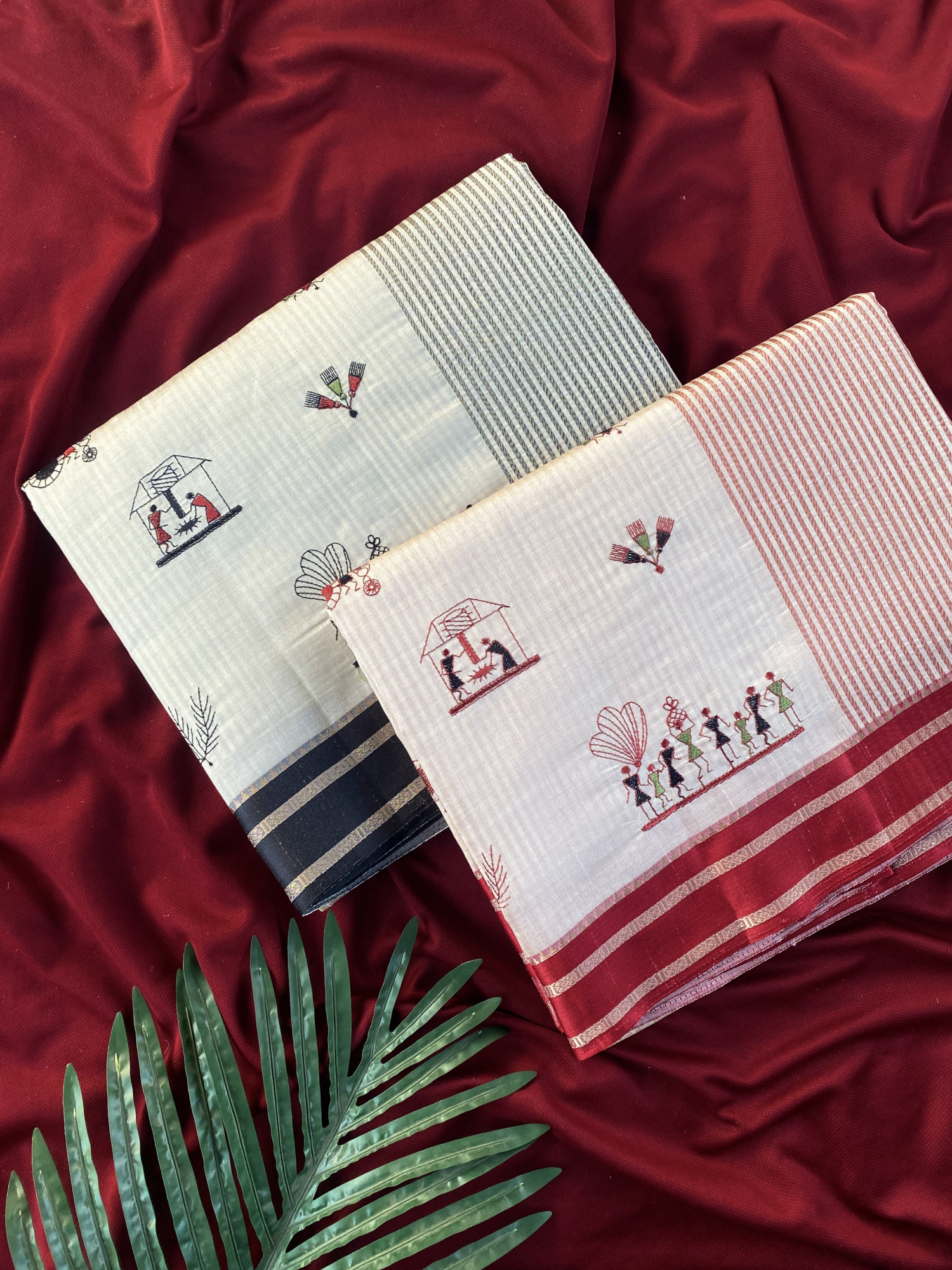 Cream Red Satin Border Pure Tussar Silk Thread Weaved Worli Saree