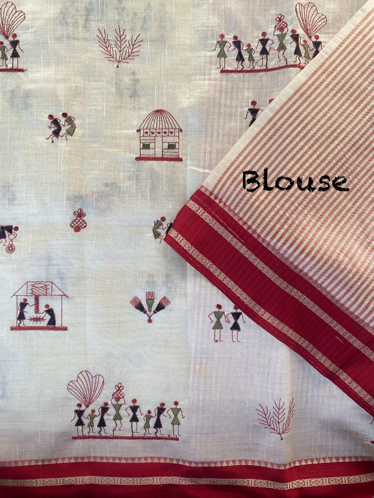 Cream Red Satin Border Pure Tussar Silk Thread Weaved Worli Saree