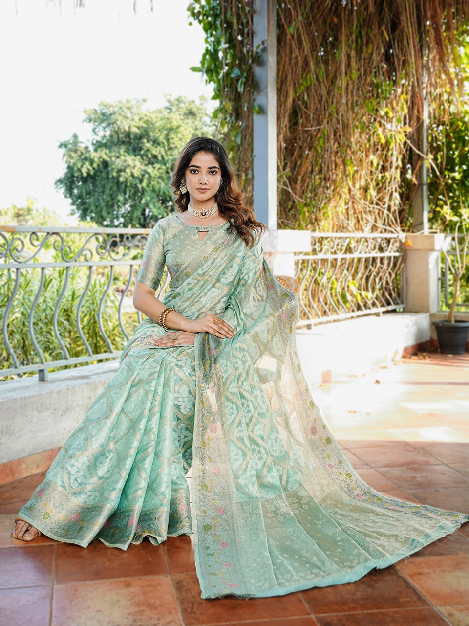 Sea Green Premium Organza Silk Bandhani Patola Weaved Saree
