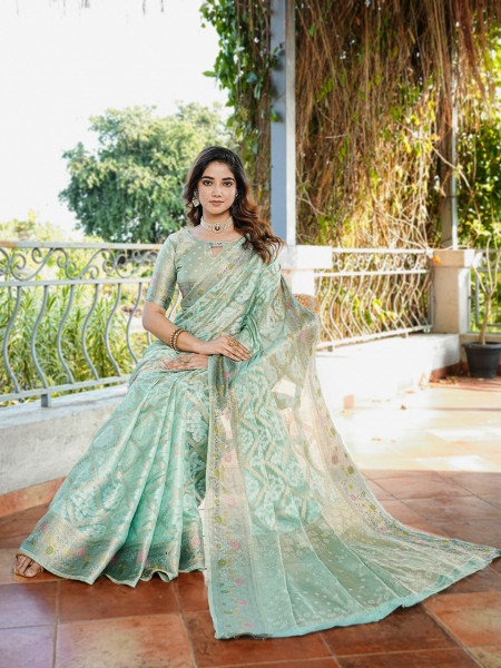 Image of Sea Green Premium Organza Silk Bandhani Patola Weaved Saree