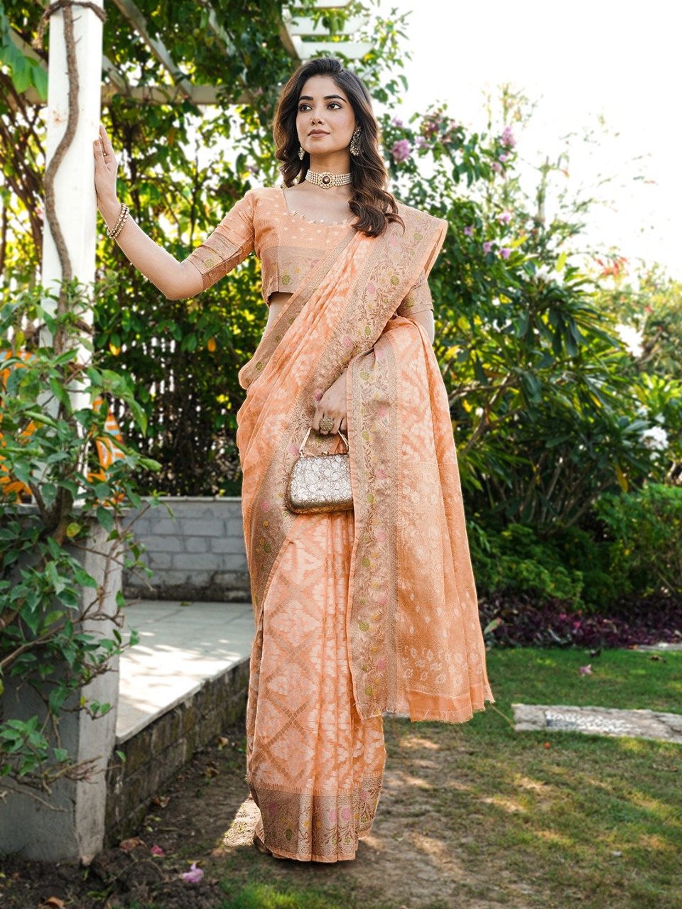 Peach Premium Organza Silk Bandhani Patola Weaved Saree