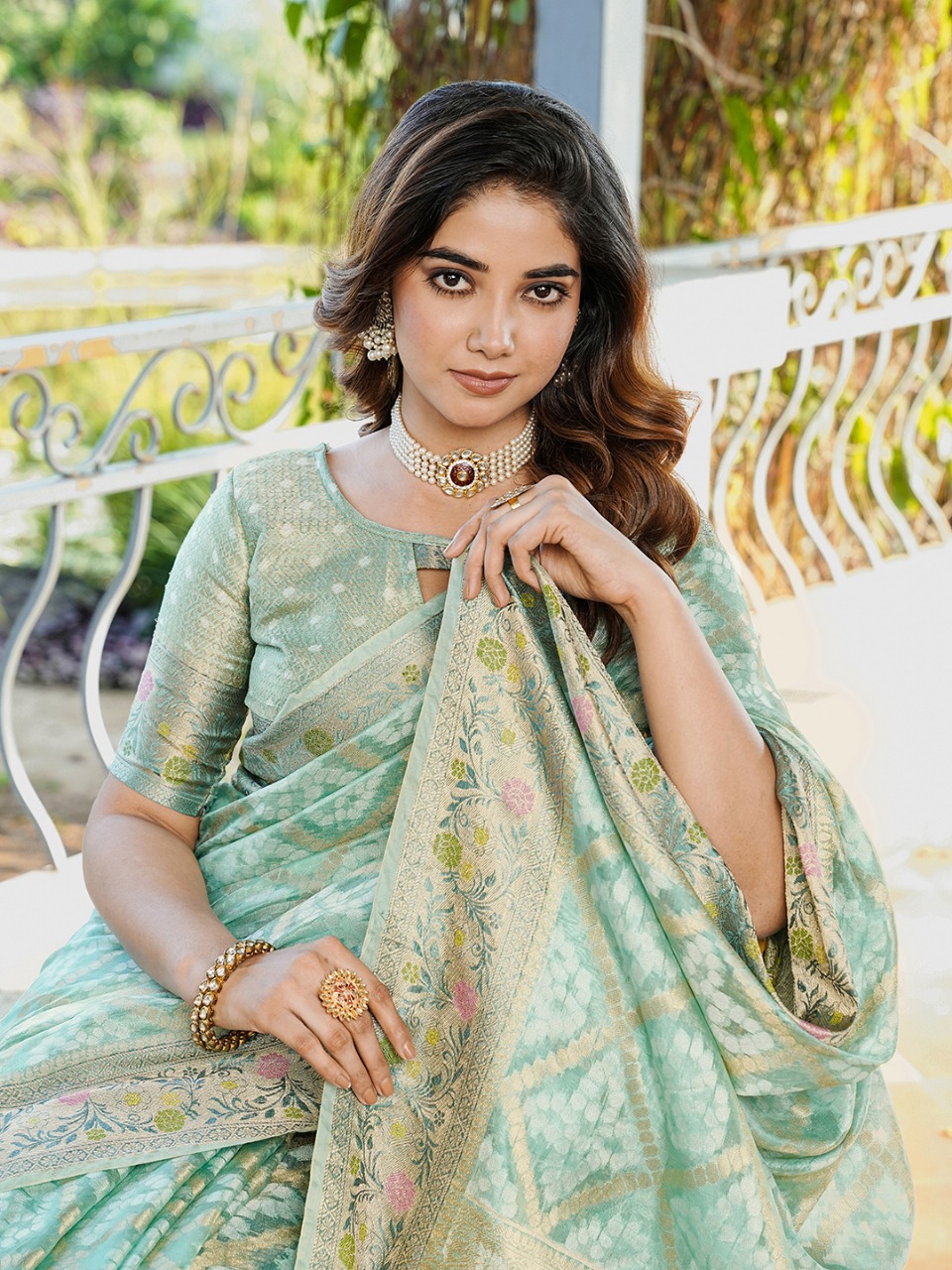 Sea Green Premium Organza Silk Bandhani Patola Weaved Saree
