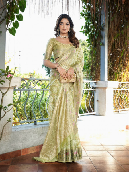 Image of Olive Green Premium Organza Silk Bandhani Patola Weaved Saree