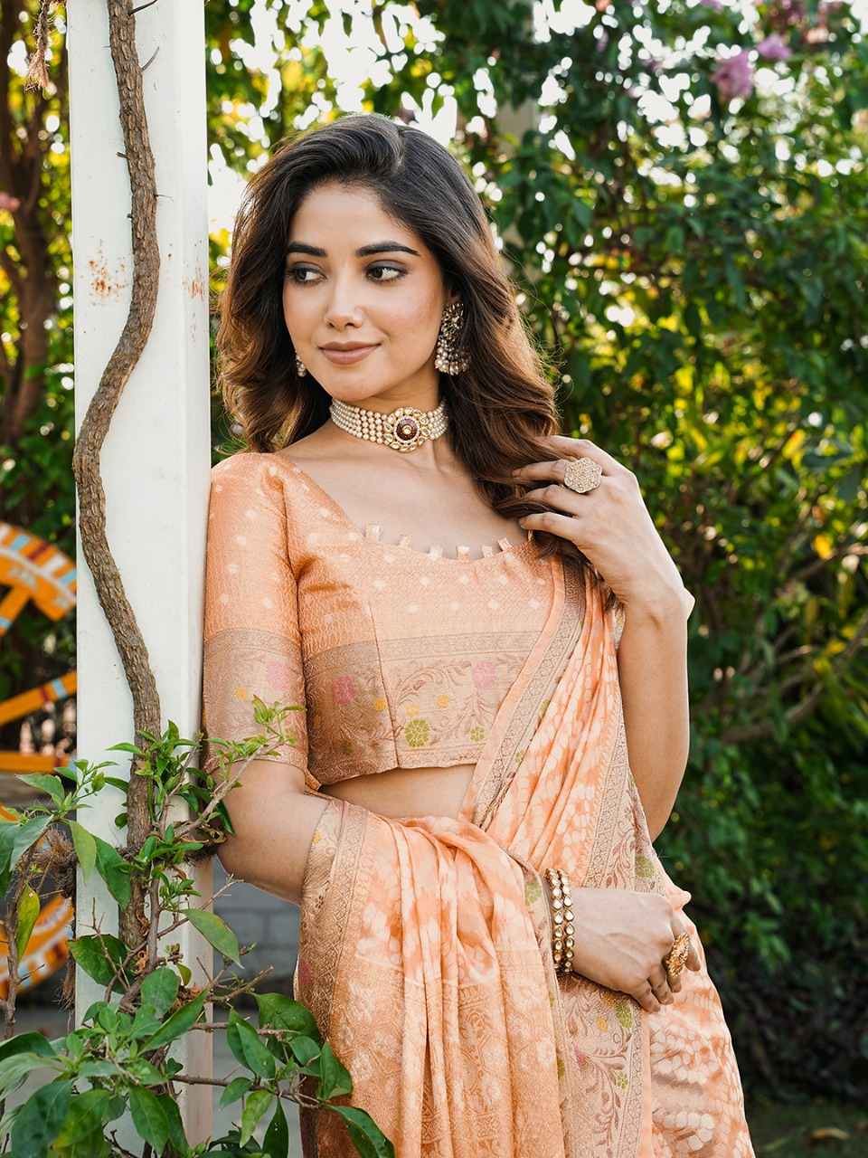 Peach Premium Organza Silk Bandhani Patola Weaved Saree